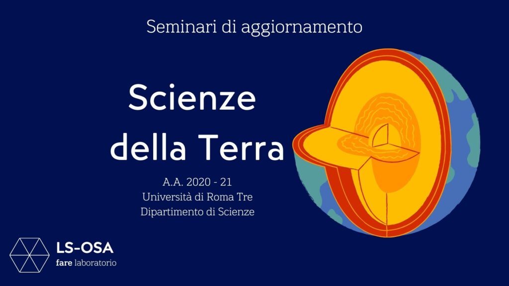 A destra, sezione del pianeta Terra con i suoi strati interni su sfondo blu scuro, a sinistra il titolo dell'evento Seminari di aggiornamento di Scienze della Terra