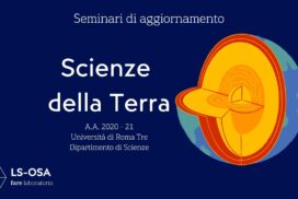 A destra, sezione del pianeta Terra con i suoi strati interni su sfondo blu scuro, a sinistra il titolo dell'evento Seminari di aggiornamento di Scienze della Terra