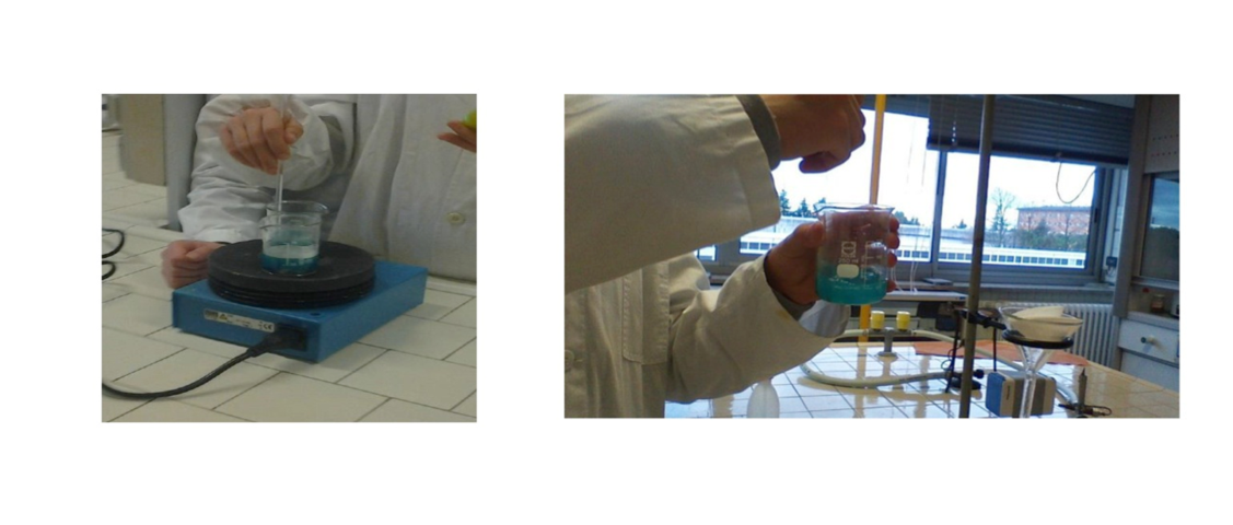 riscaldamento della soluzione e prodotto finale, a sinistra su un fornellino