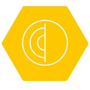 Lo schema dell'interno della Terra rappresentato come un cerchio con alcuni cerchi concentrici, in bianco, all'interno di un esagono giallo