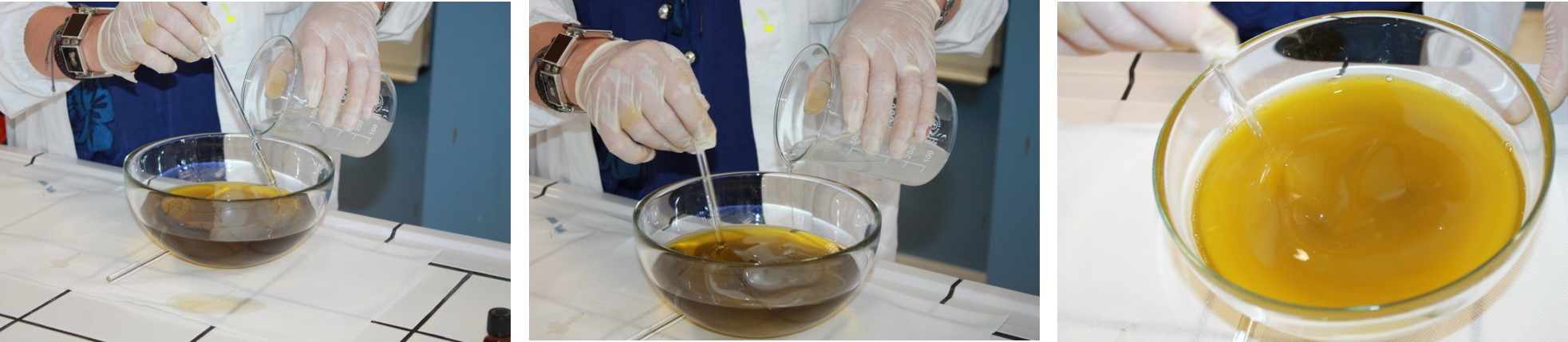 aggiunta della soluzione di \(NaOH\) all'olio e densificazione