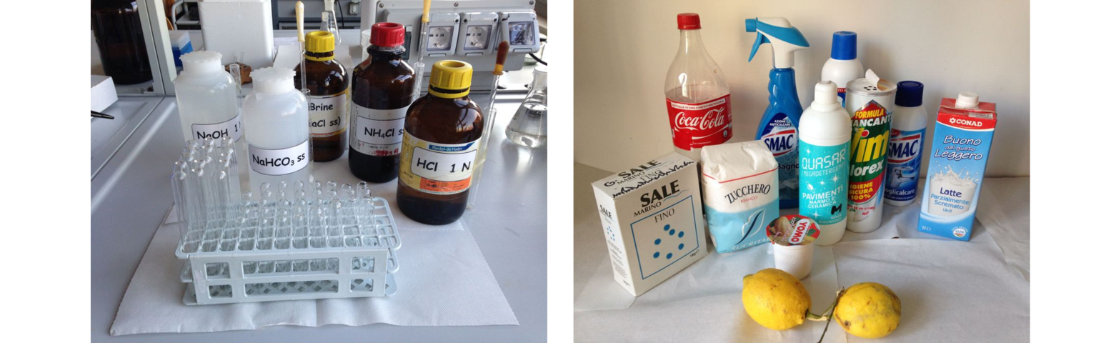 postazione con vari prodotti chimici di laboratorio e alcuni prodotti di uso comune