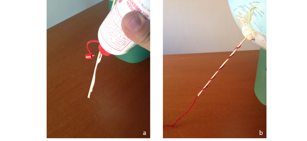 a) Applicazione della colla sul bastoncino inserito in corrispondenza del Polo Sud; b) Incollaggio del filo di lana al bastoncino.