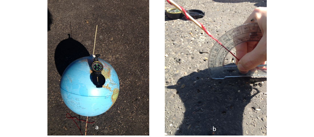 a) orientazione del globo Nord-Sud; b) Inclinazione del globo di un angolo pari alla latitudine del luogo di osservazione