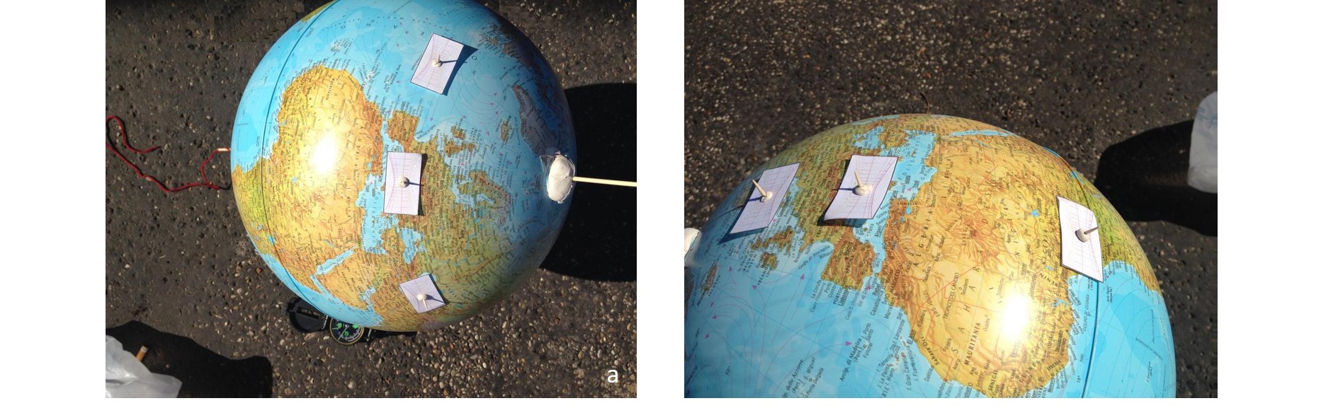 a) visualizzazione delle differenti ore solari vere per località di differente longitudine; b) visualizzazione delle diverse lunghezze dell'ombra per differenti latitudini.