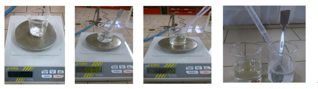 alcune fasi dell'esperimento, il bicarbonato iniziale, le pesate delle masse iniziali \(MB_0\) e \(MA_0\), il trasferimento dell'acido