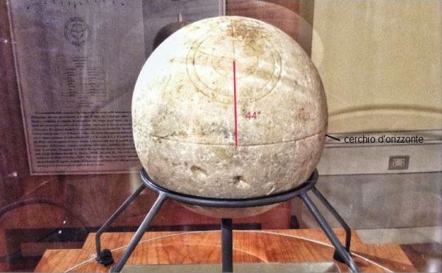 globo di Matelica: foro con inclinazione di circa 44° rispetto al cerchio d'orizzonte.