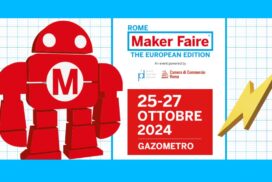 Locandina della Maker Faire Rome 2024, con un robot rosso e le informazioni in bianco, azzurro e rosse