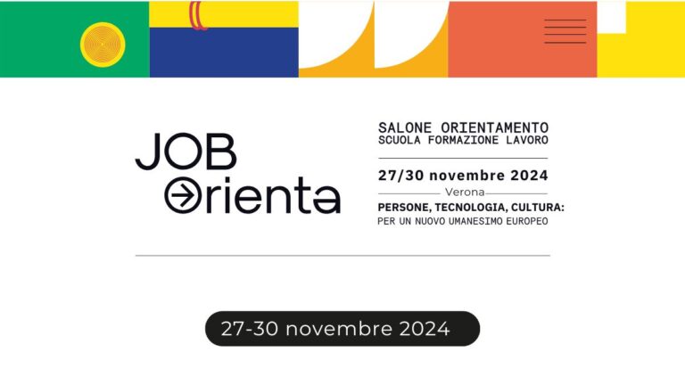 Locandina di Job&Orienta 2024 con informazioni testuali e una banda di figure geometriche colorate in alto.