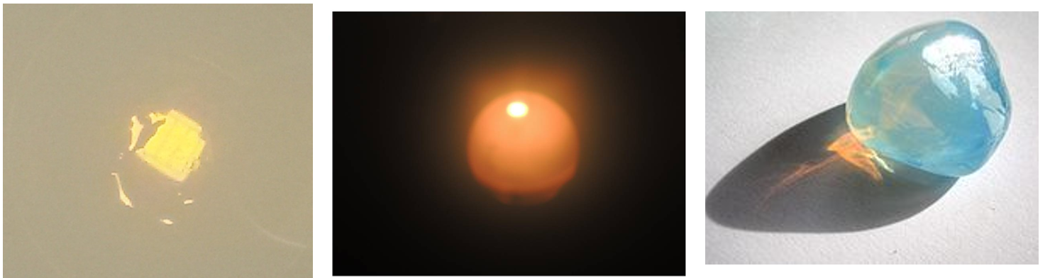 Led bianco (a sinistra) e luce bianca (al centro) osservati attraverso una soluzione di latte in acqua