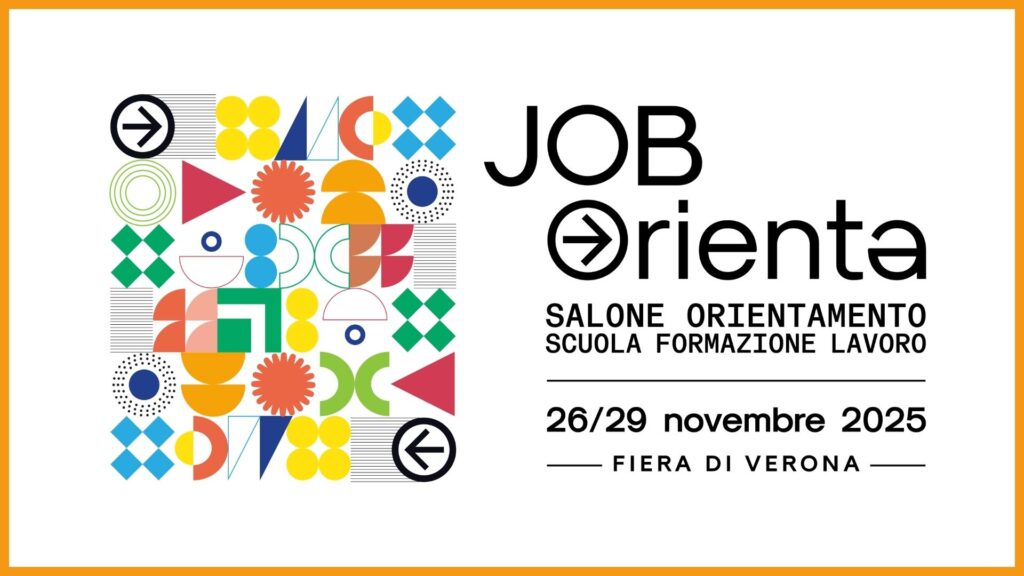 Locandina di Job&Orienta 2025 con informazioni testuali e una banda di figure geometriche colorate a sinistra.