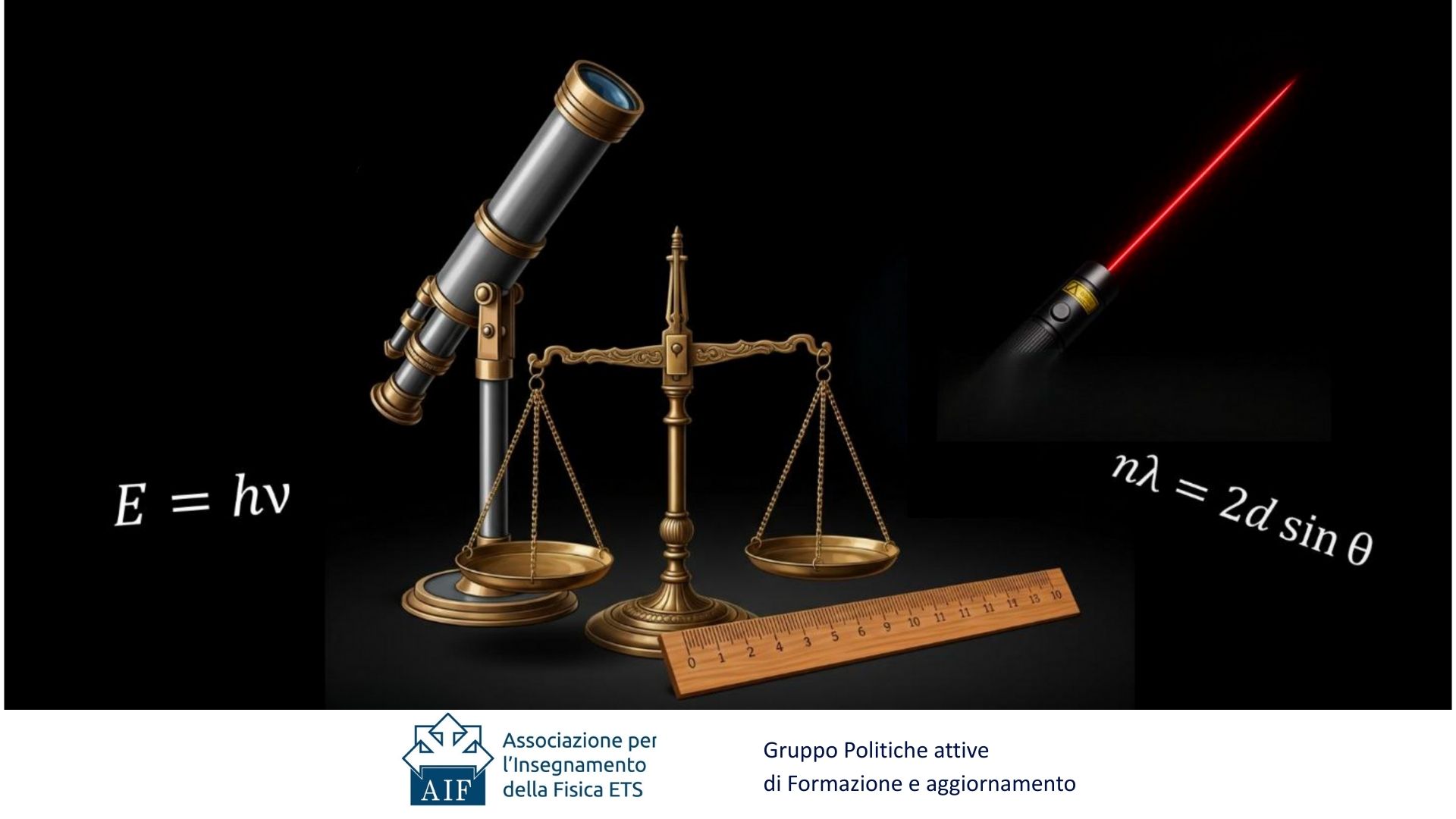 Locanina con un telescopio antico, una bilancia a due bracci, un righello e un laser, su sfondo nero e in computer grafica. Sul testo, le formule E=hxnu e n(lambda)= 2dsin(theta). In basso, il logo AIF