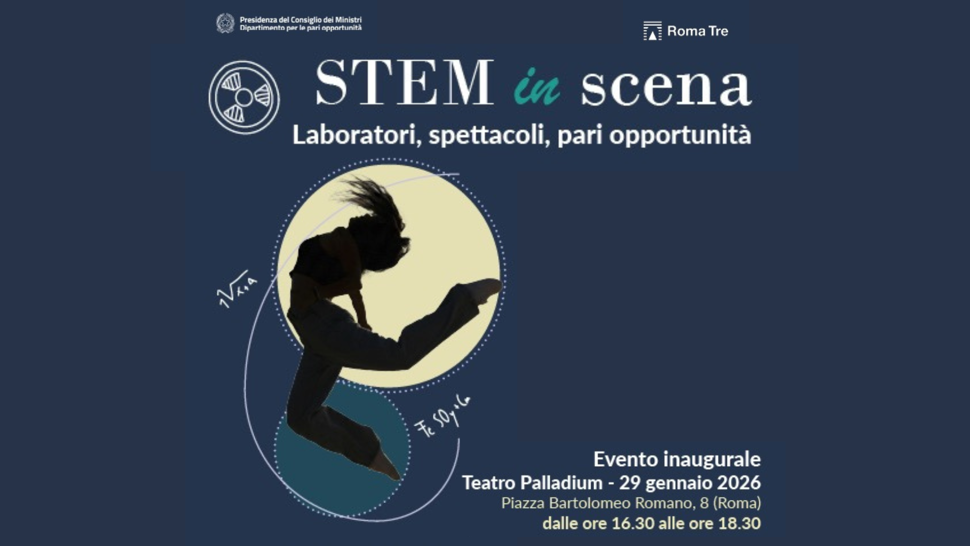 Locandina del progetto STEM in scena, con una silhouette di una ballerina che salta, in nero, sovrapposta a due cerchi in giallo e ottanio, con formule matematiche