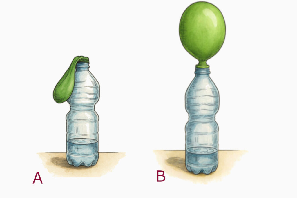 Figura 1: (A) a sinistra, una bottiglia di plastica piccola, contenente acqua e acido citrico, chiusa con un palloncino verde, sgonfio, contenente bicarbonato; (B) a destra, la stessa bottiglia, chiusa da un palloncino verde, gonfio