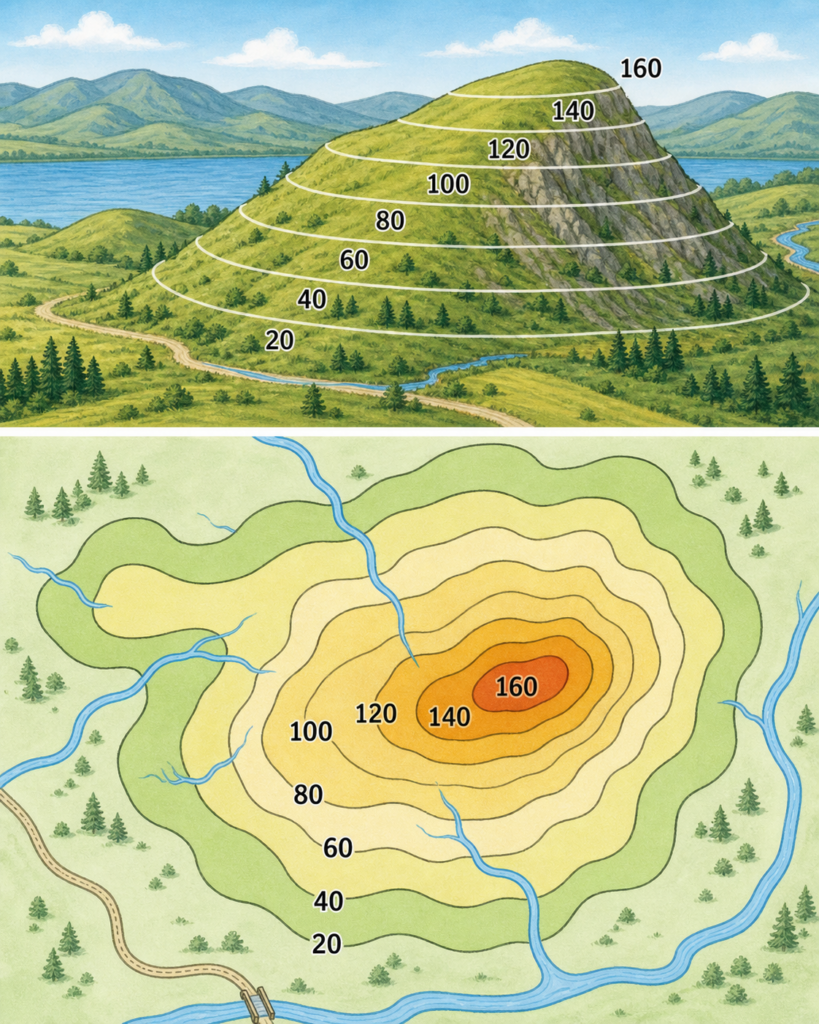 Immagine di una montagna di profilo suddivisa da linee sovrapposte in alto, in basso le curve di livello